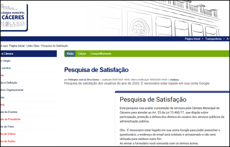 Pesquisa satisfação usuário da Câmara