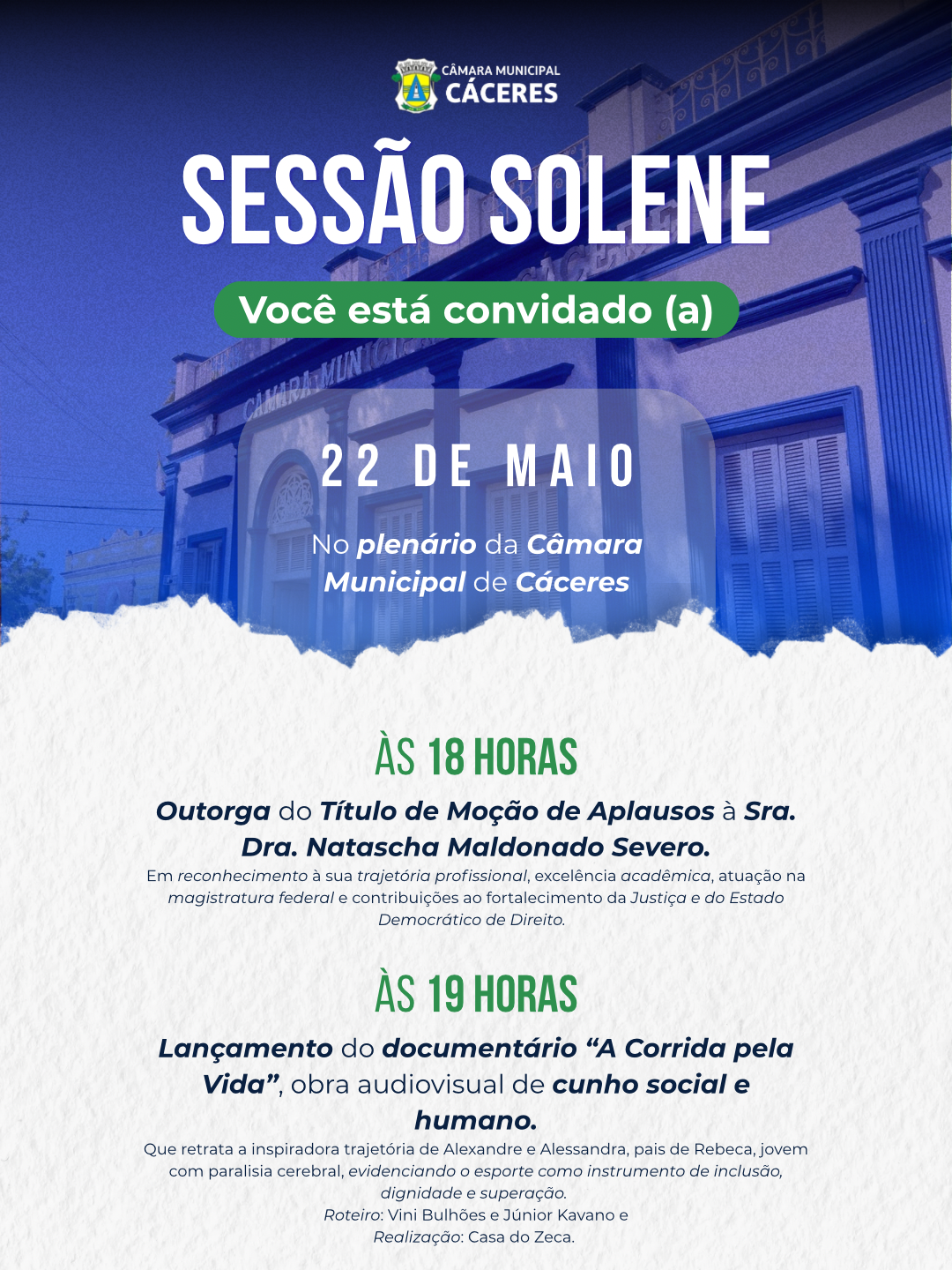 Câmara de Cáceres recebe dois eventos de reconhecimento e valorização na sexta-feira (22/05)
