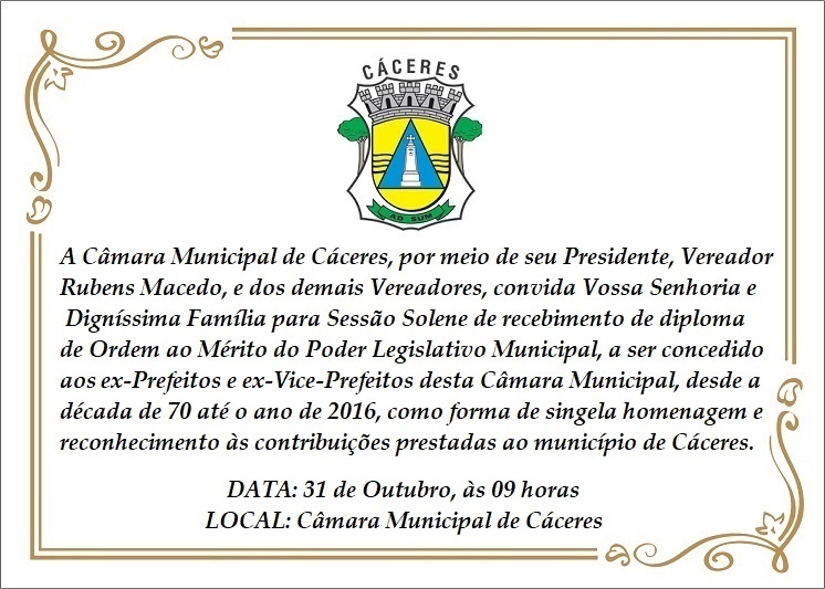 Câmara homenageia ex-parlamentares do Poder Legislativo e Executivo de Cáceres em Solenidade nesta quinta (31)