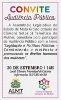 CONVITE: Audiência pública em conjunto com a Câmara Setorial Temática da Mulher (ALMT) debate políticas para a mulher nesta sexta-feira