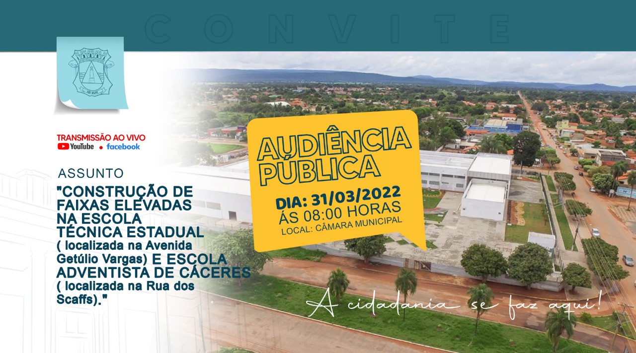 CONVITE: Audiência Pública nesta quinta-feira (31) debate construção de faixas elevadas na Escola Adventista e Escola Técnica Estadual; saiba como participar