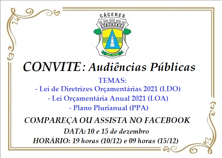 CONVITE: Câmara debate orçamento municipal para 2021 em audiência pública nesta terça (15); leia a LOA, LDO e PPA completos