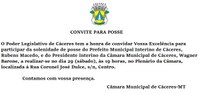 CONVITE: Sessão Solene de Posse do Prefeito Interino de Cáceres e do Presidente Interino da Câmara neste sábado, às 19h