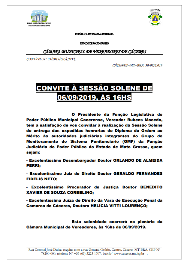 CONVITE: Sessão Solene nesta sexta-feira (6)