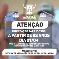 Imunização (1ª dose) da Covid–19 para pessoas a partir de 68 anos começa nesta quinta-feira (01/04)