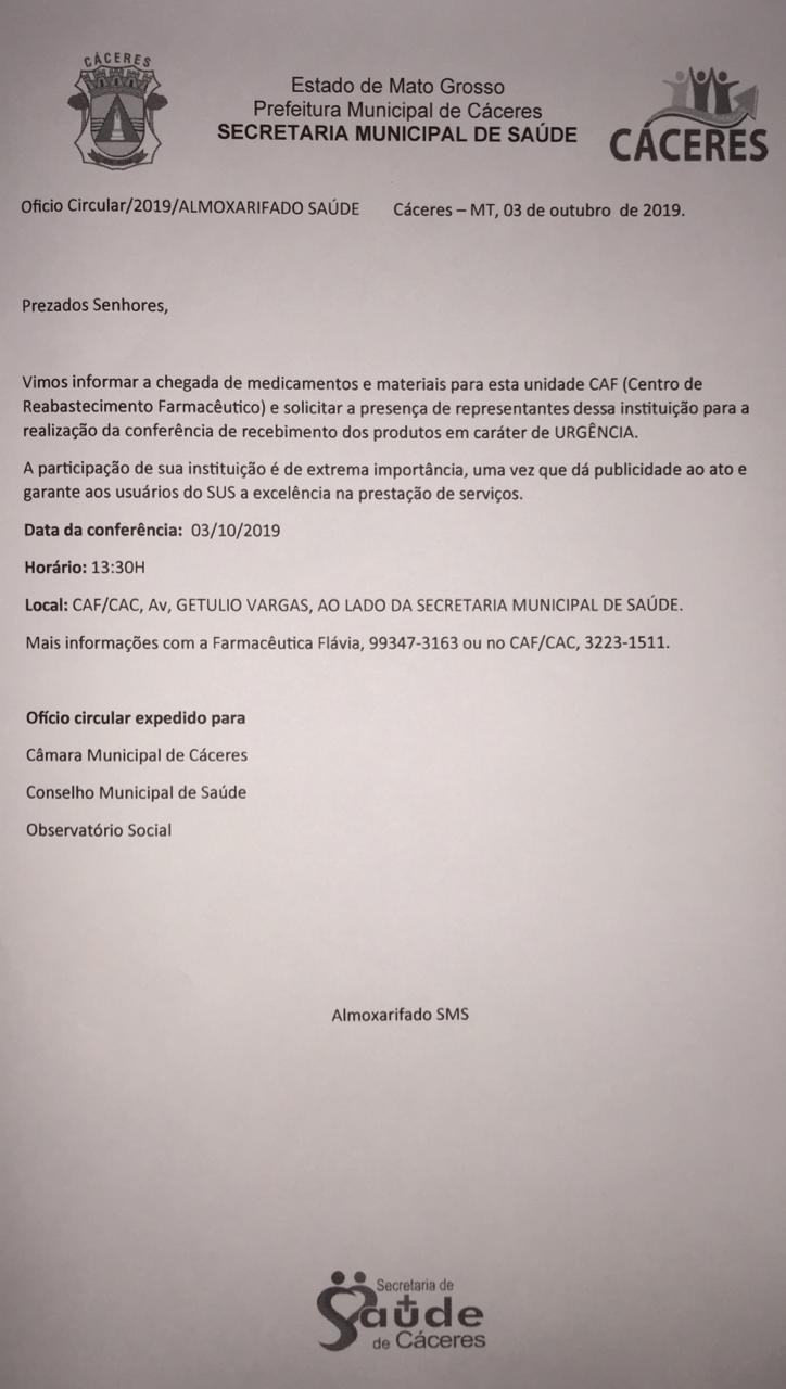 Secretaria de Saúde convoca para verificação de novo estoque de medicamentos no almoxarifado