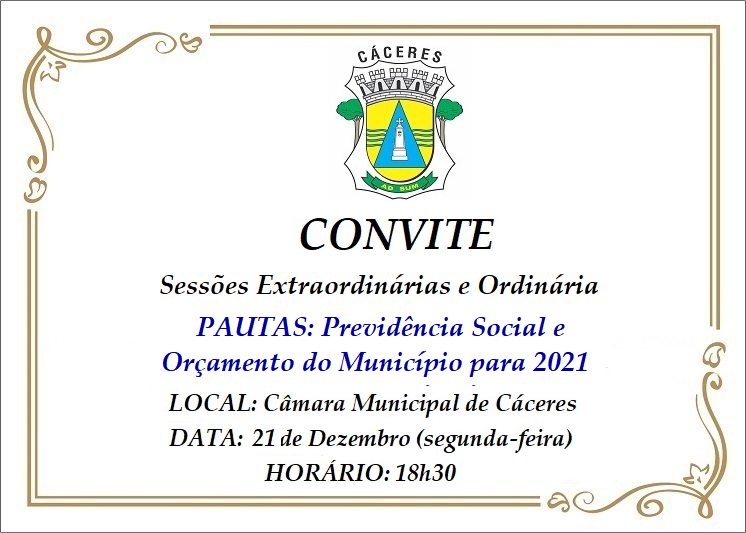 COMUNICADO: Sessões Extraordinárias desta quinta-feira adiadas; vereadores votam reforma da previdência e orçamento municipal para 2021 na noite de segunda-feira (21)